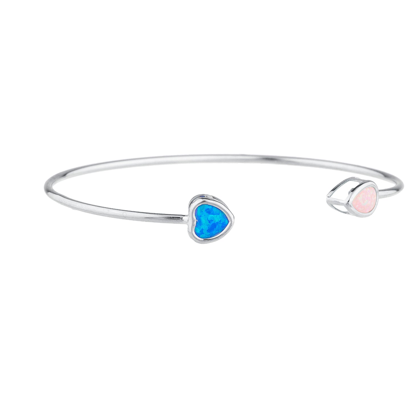 Blue Opal Heart & Pink Opal Pear Bezel Bangle Bracelet .925 Sterling Silver Rhodium Finish