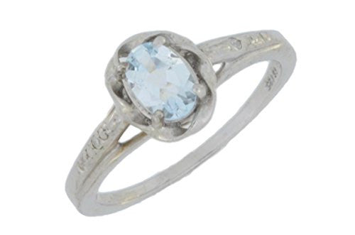 0.50 Ct Genuine Aquamarine & Diamond Oval Ring .925 Sterling Silver Rhodium Finish