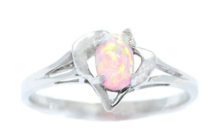 6x4mm Pink Opal & Diamond Oval Heart Ring .925 Sterling Silver Rhodium Finish