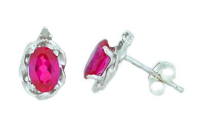 1 Ct Created Ruby & Diamond Oval Stud Earrings .925 Sterling Silver