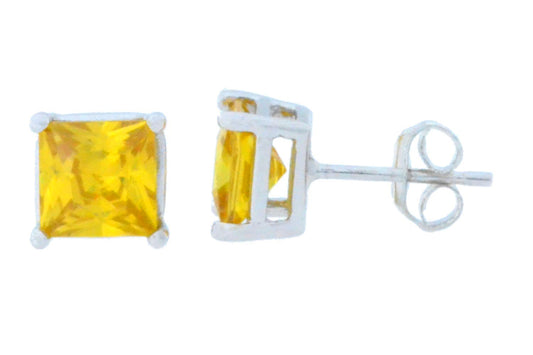 2 Ct Citrine Princess Cut Stud Earrings .925 Sterling Silver