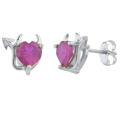 14Kt Gold Created Ruby & Diamond Devil Heart Stud Earrings