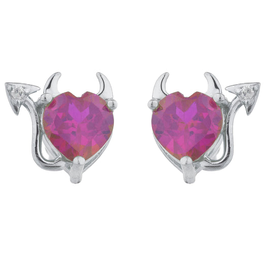 Created Ruby & Diamond Devil Heart Stud Earrings .925 Sterling Silver