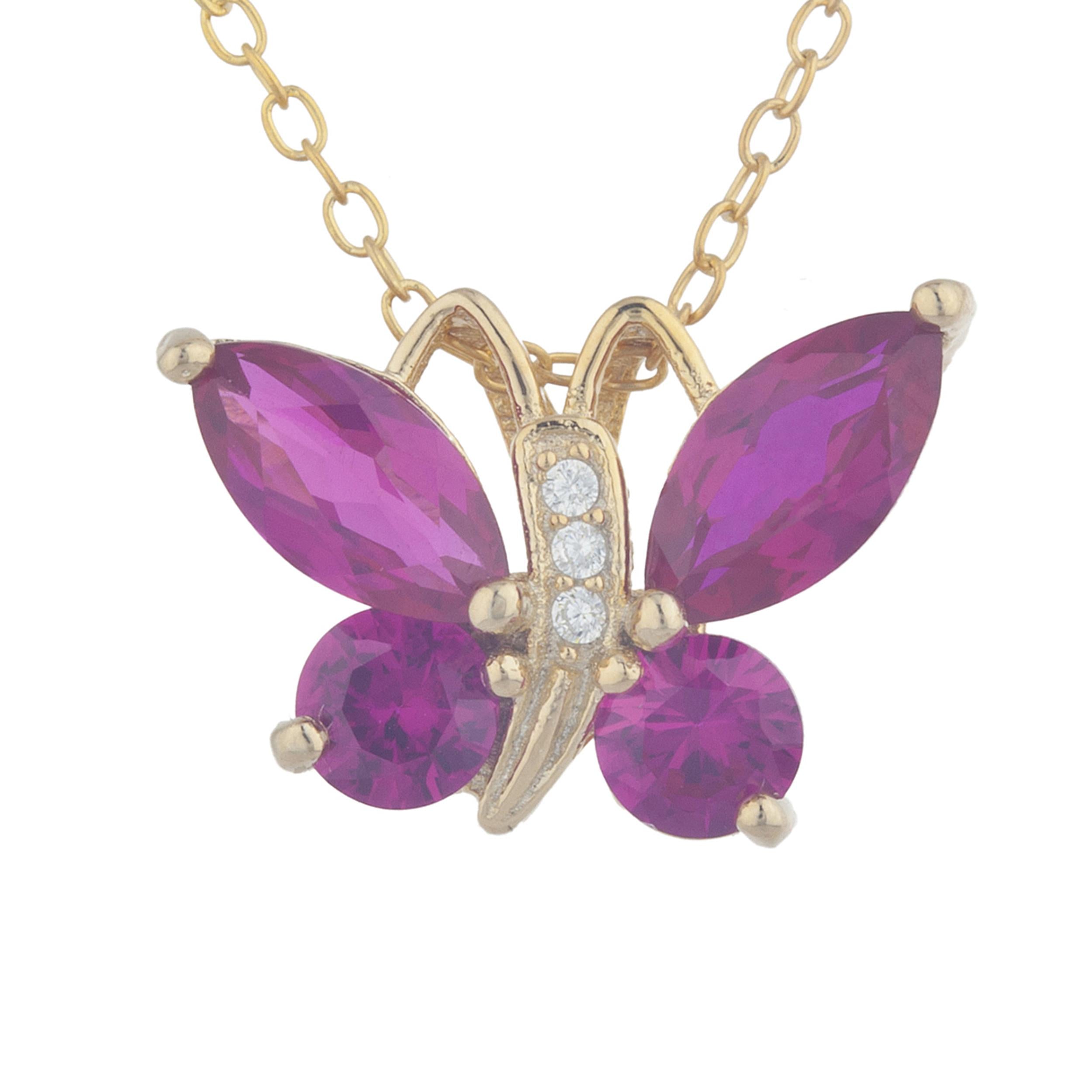 14Kt Yellow Gold Plated Created Ruby Butterfly Pendant