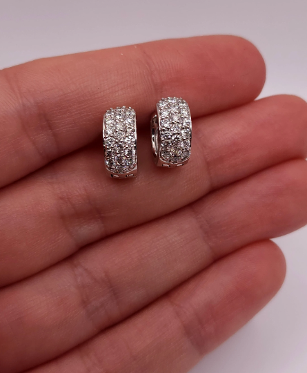 14K Gold 0.76 Ct Genuine Natural Diamond 3 Row Huggie Earrings