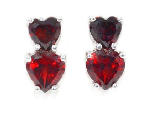 3 Ct Garnet Double Heart Stud Earrings .925 Sterling Silver