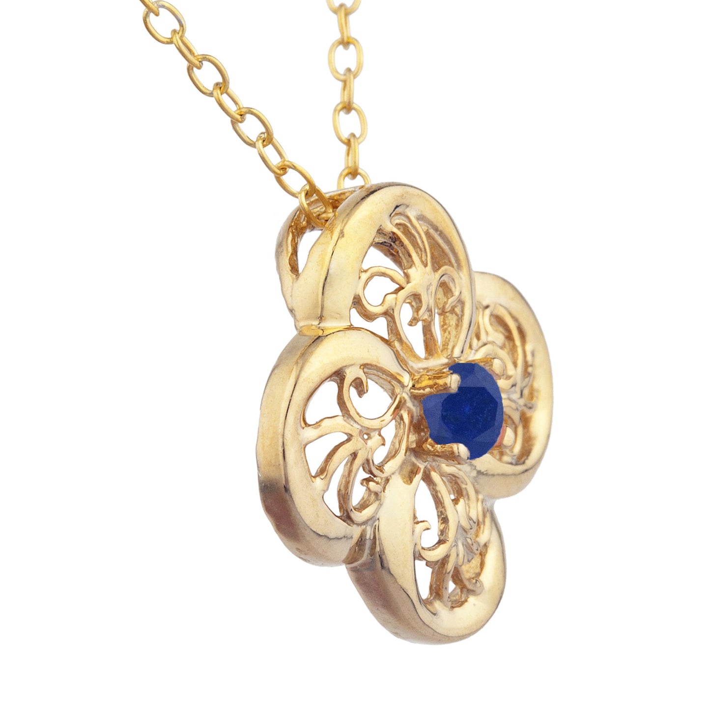 14Kt Gold Blue Sapphire Clover Design Pendant Necklace