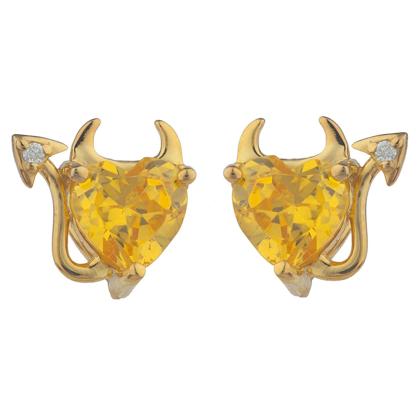 Yellow Citrine & Diamond Devil Heart Stud Earrings 14Kt Yellow Gold Plated