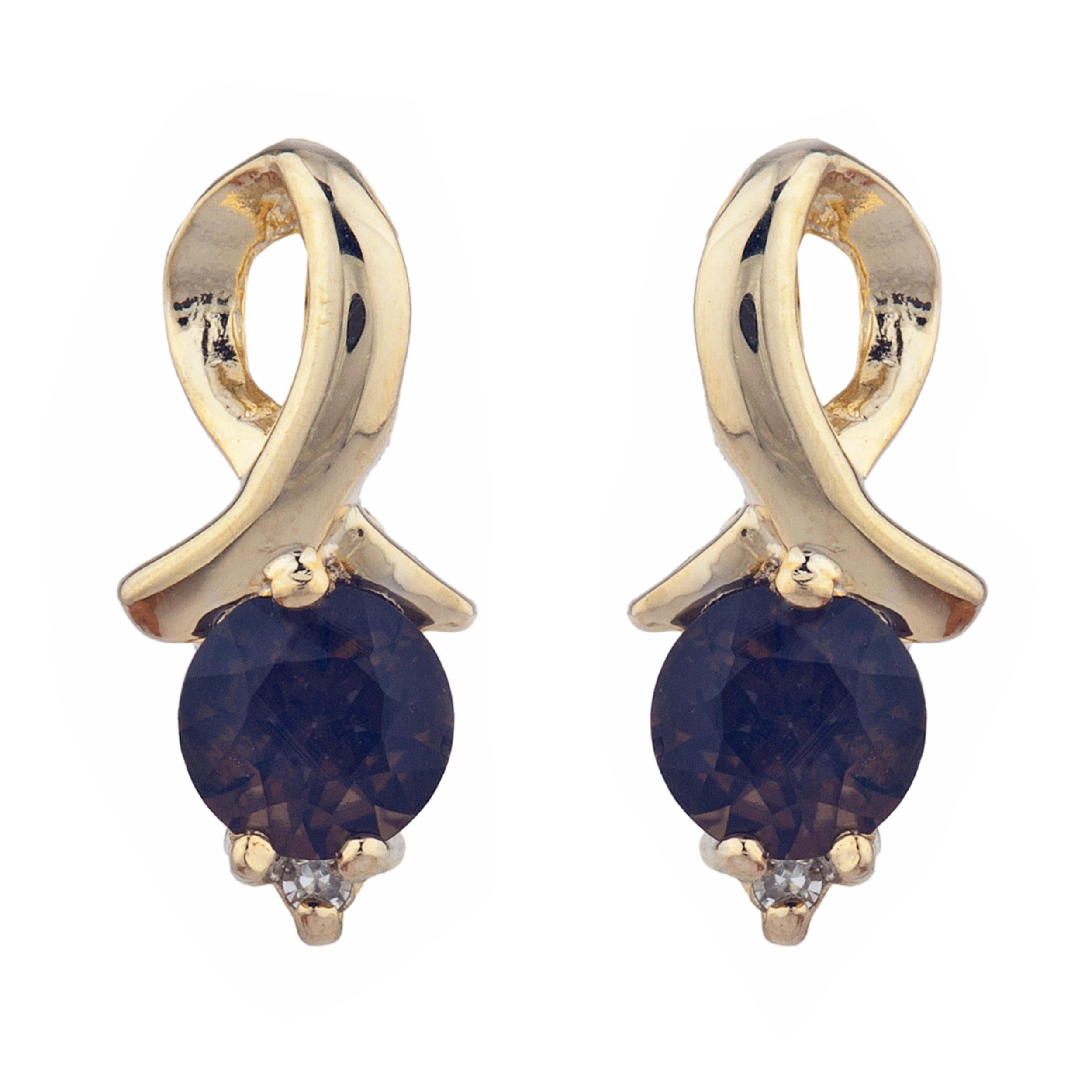 14Kt Gold Genuine Smoky Topaz & Diamond Round Design Stud Earrings
