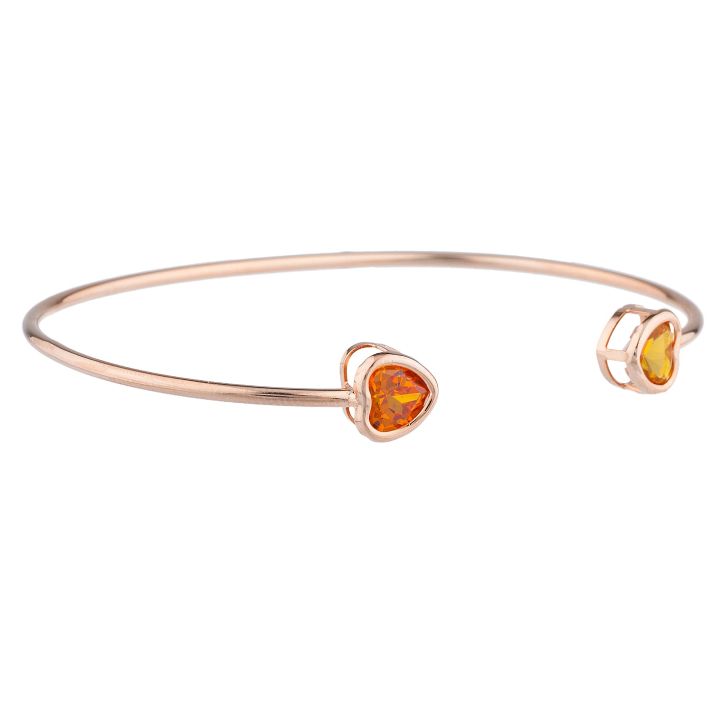 Orange & Yellow Citrine Heart Bezel Bangle Bracelet 14Kt Rose Gold Plated Over .925 Sterling Silver