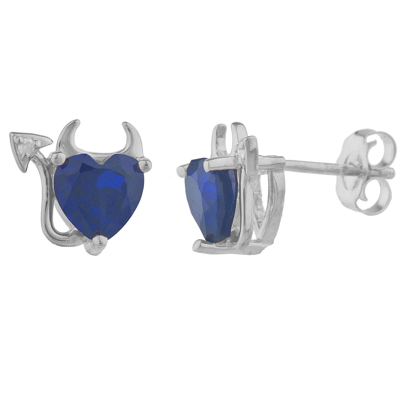 14Kt Gold Blue Sapphire & Diamond Devil Heart Stud Earrings