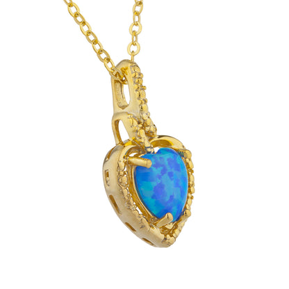 14Kt Gold Blue Opal Heart Design Pendant Necklace