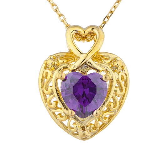 14Kt Gold Amethyst Heart Design Pendant Necklace