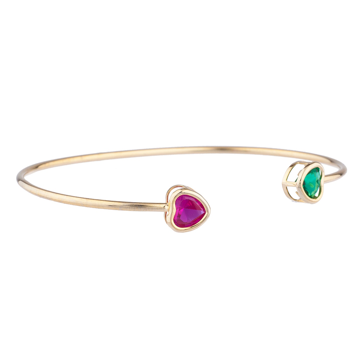 Created Ruby & Emerald Heart Bezel Bangle Bracelet 14Kt Yellow Gold Plated Over .925 Sterling Silver