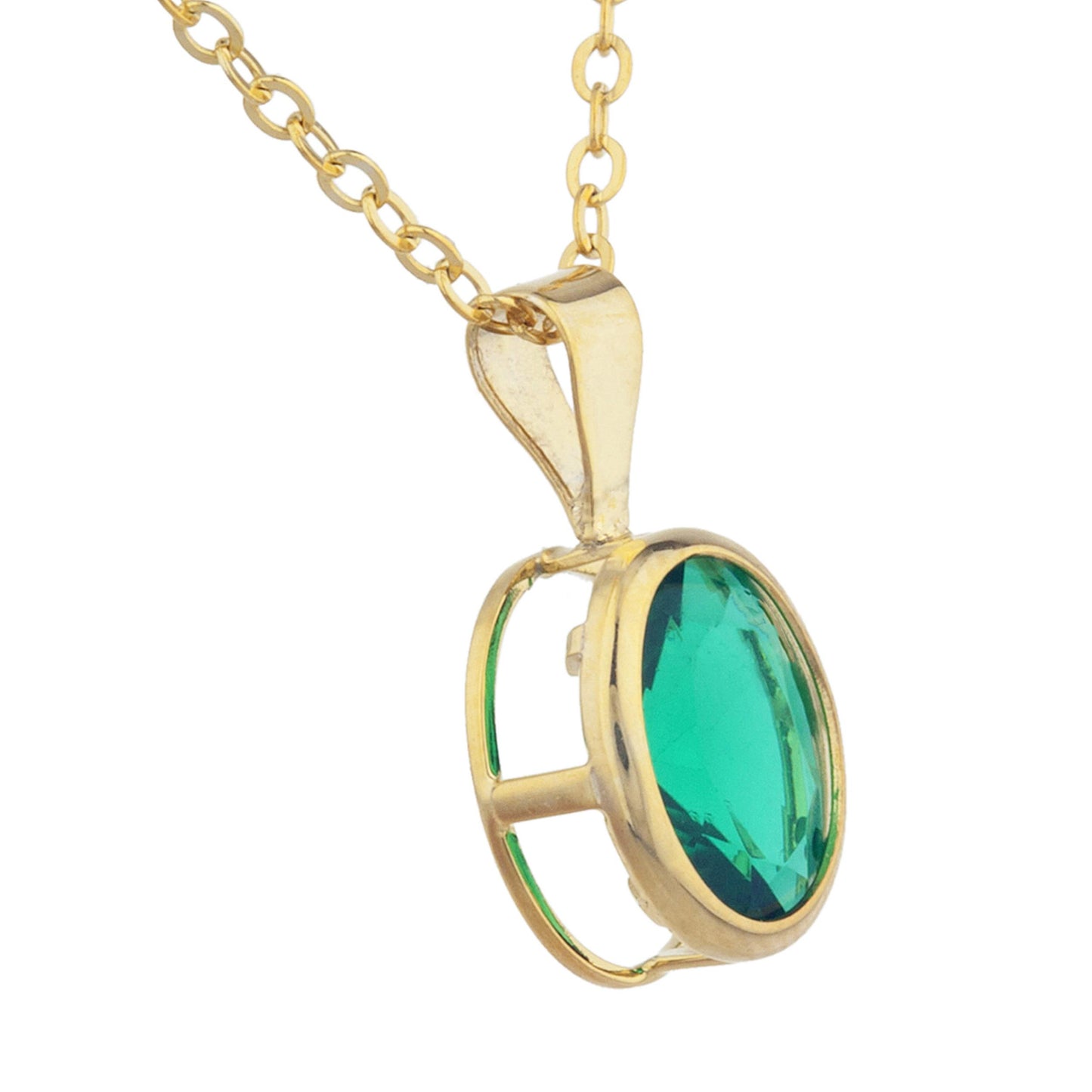 14Kt Gold Emerald Oval Bezel Pendant Necklace