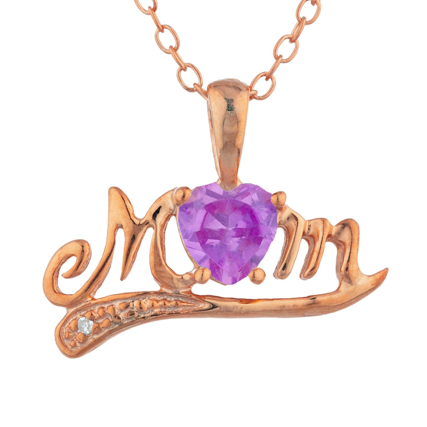 14Kt Gold Pink Sapphire & Diamond Heart Mom Pendant Necklace