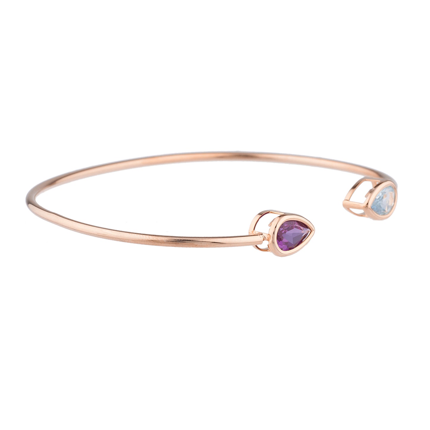 14Kt Gold Genuine Aquamarine & Amethyst Pear Bezel Bangle Bracelet