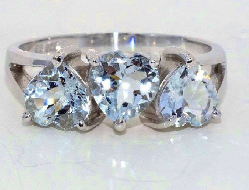 3 Ct Genuine Aquamarine Heart Ring .925 Sterling Silver Rhodium Finish