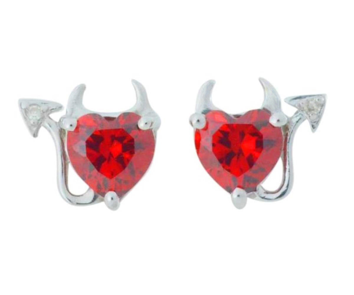 Garnet & Diamond Devil Heart Stud Earrings .925 Sterling Silver