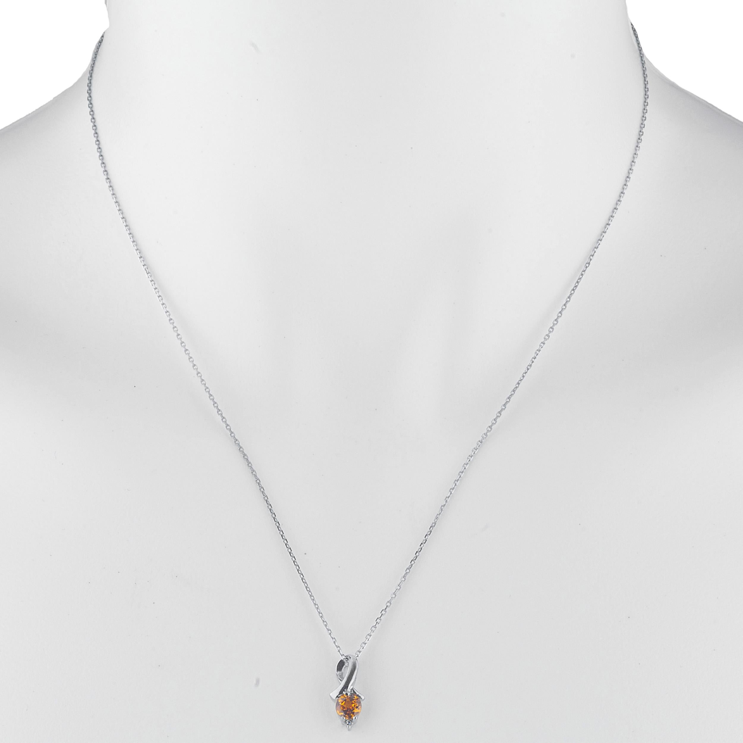 14Kt Gold Orange Citrine & Diamond Round Design Pendant Necklace
