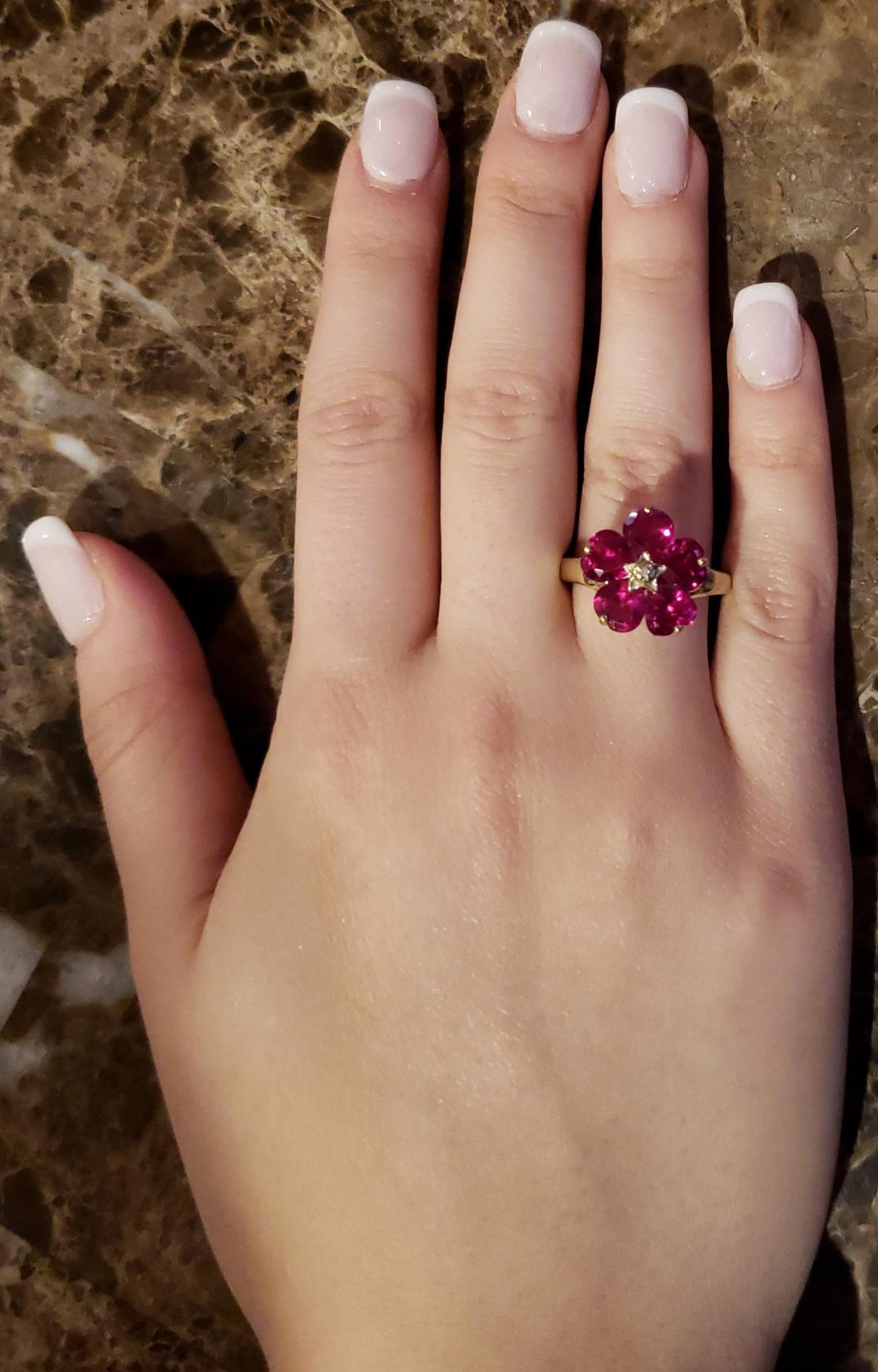 14Kt Gold Created Ruby & Diamond Heart Flower Design Ring