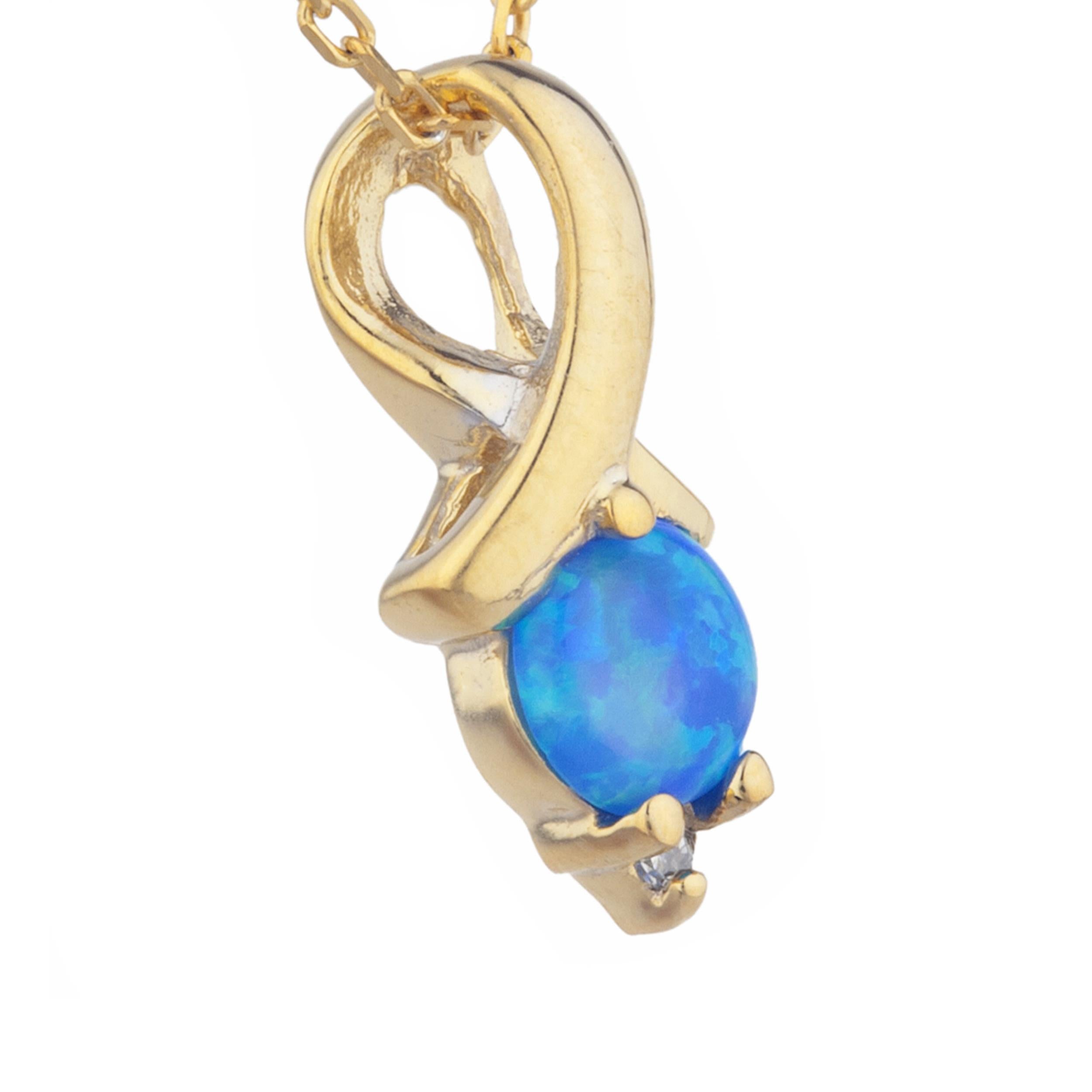 14Kt Gold Blue Opal & Diamond Round Design Pendant Necklace