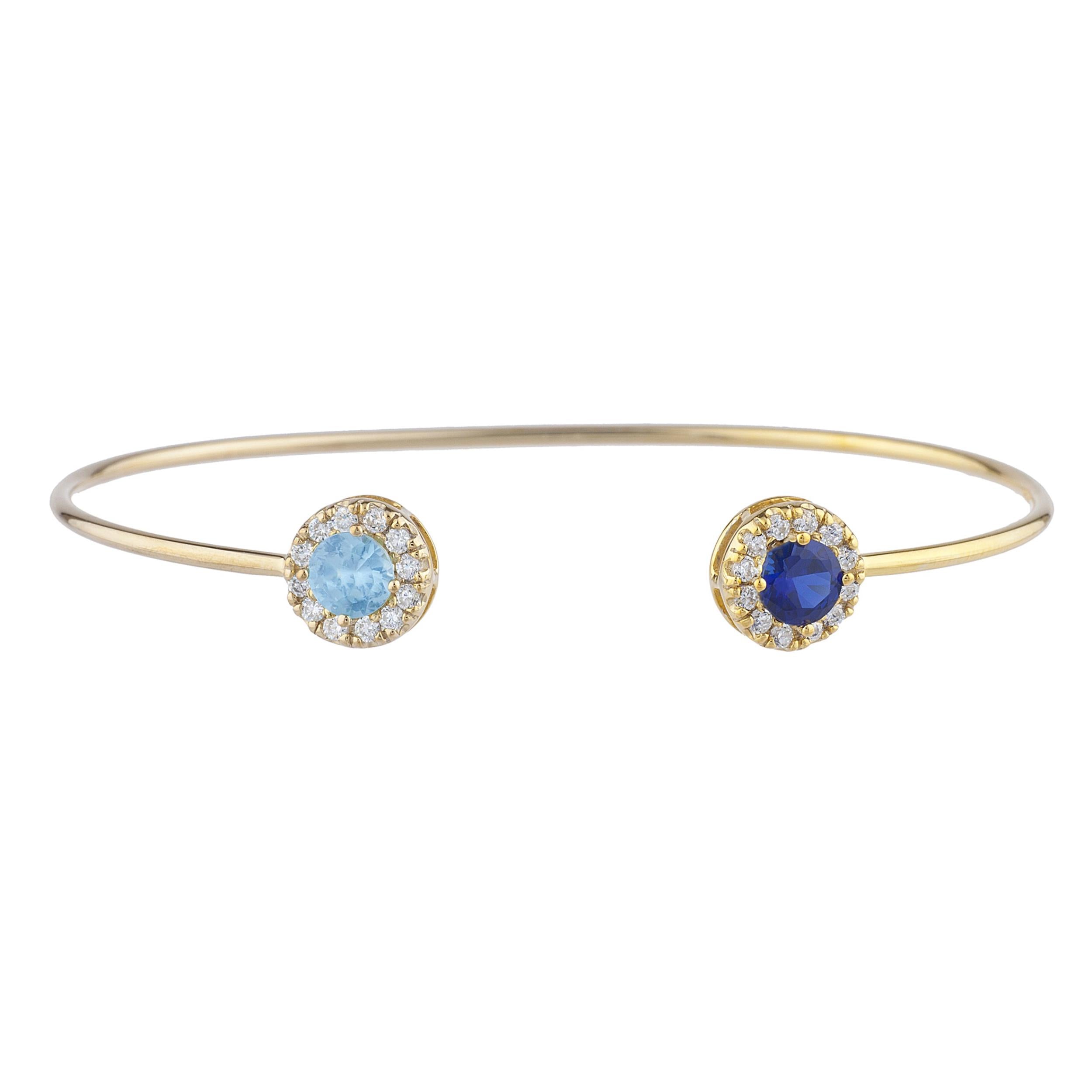 14Kt Gold Blue Sapphire & Blue Topaz Halo Design Bangle Bracelet