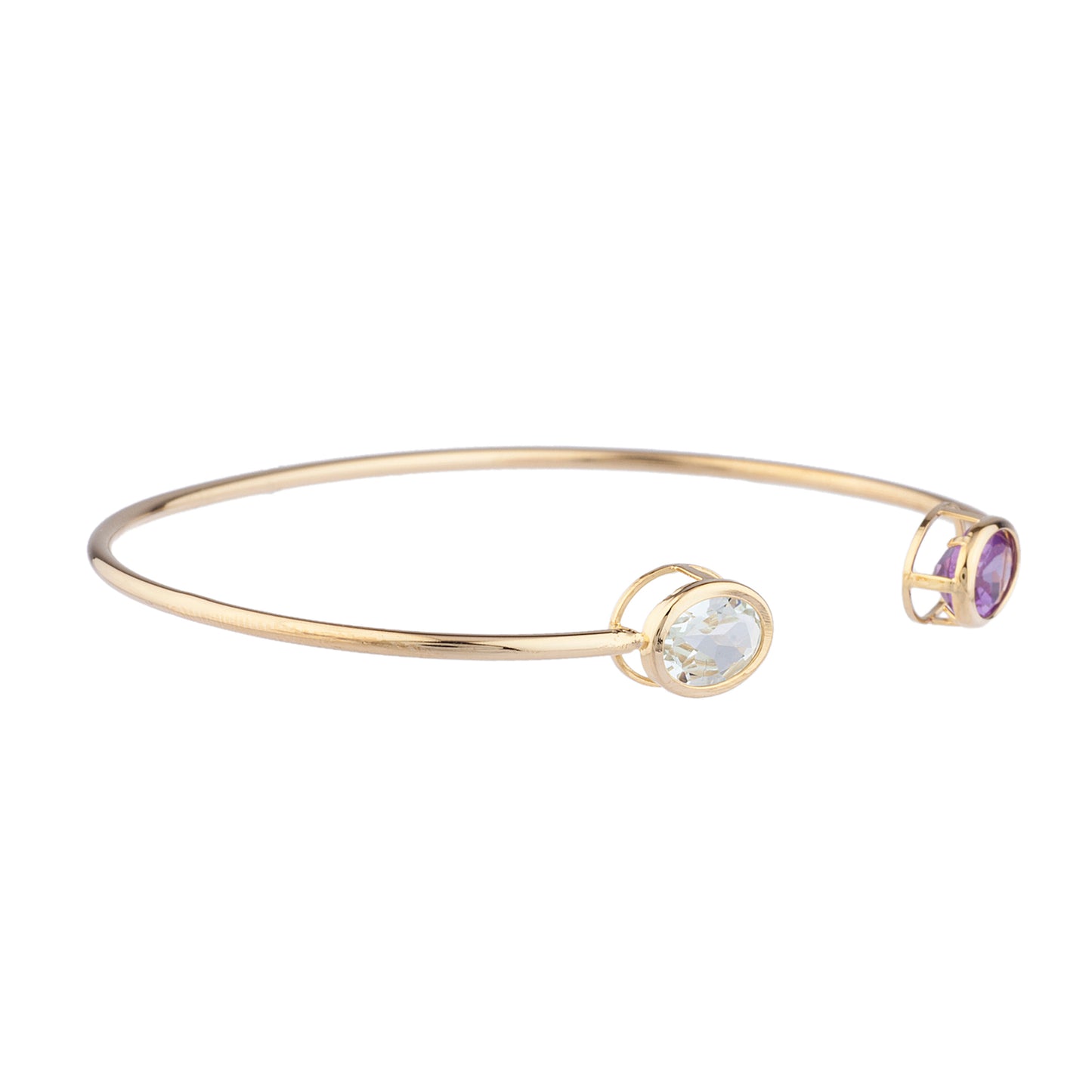 14Kt Gold Genuine Aquamarine & Amethyst Oval Bezel Bangle Bracelet