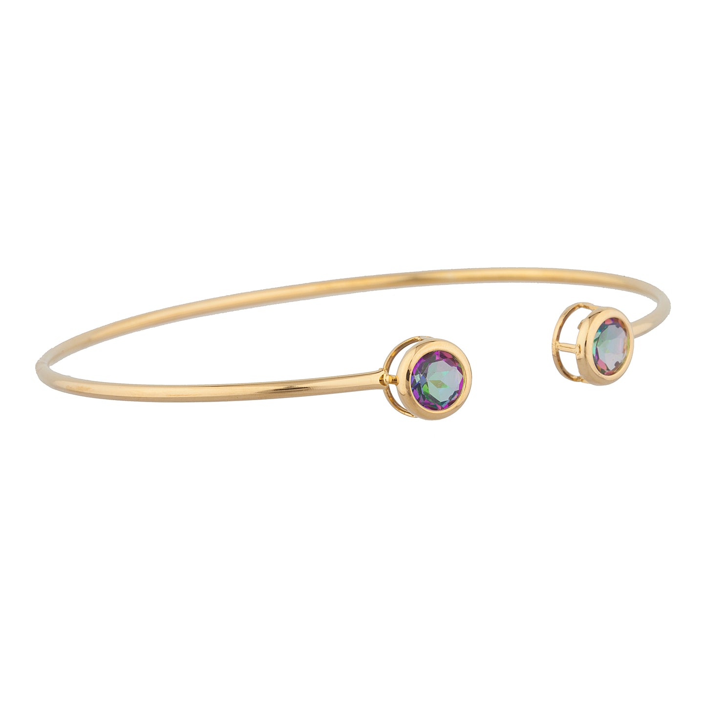 14Kt Yellow Gold Plated Natural Mystic Topaz Round Bezel Bangle Bracelet