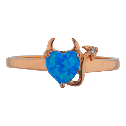 Blue Opal & Diamond Devil Heart Ring 14Kt Yellow Gold Rose Gold Silver