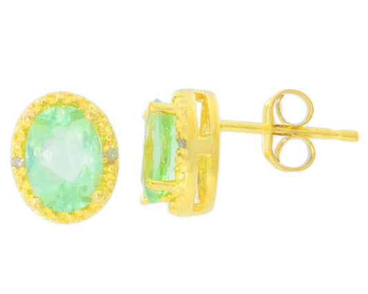 2 Ct Green Sapphire & Diamond Oval Stud Earrings 14Kt Yellow Gold Plated