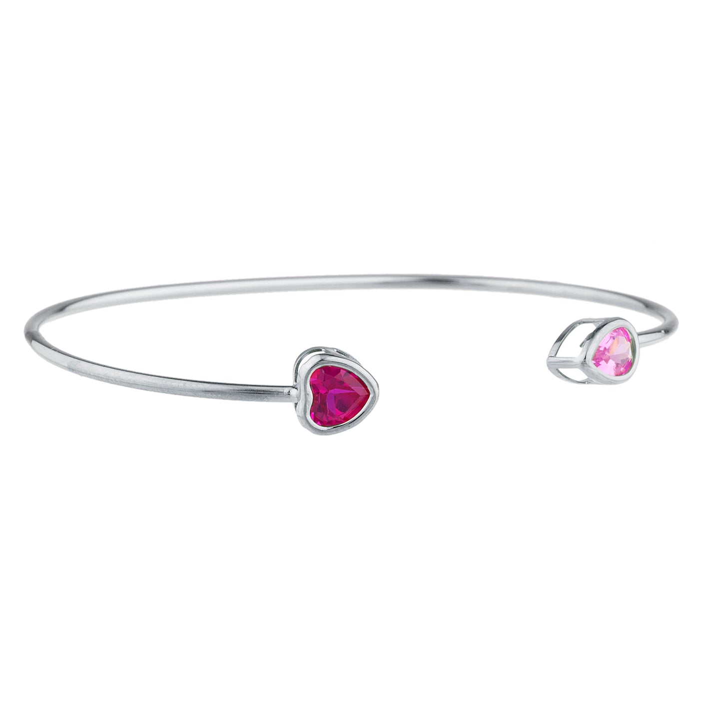 Created Ruby Heart & Pink Sapphire Pear Bezel Bangle Bracelet .925 Sterling Silver Rhodium Finish