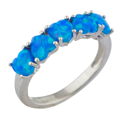 5 Hearts Blue Opal Heart Ring .925 Sterling Silver Rhodium Finish