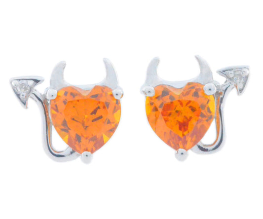 Citrine & Diamond Devil Heart Stud Earrings .925 Sterling Silver