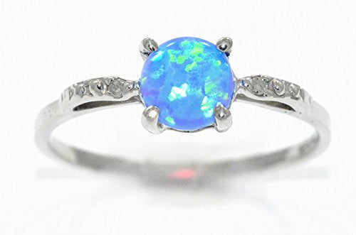 6mm Blue Opal & Diamond Round Ring .925 Sterling Silver Rhodium Finish