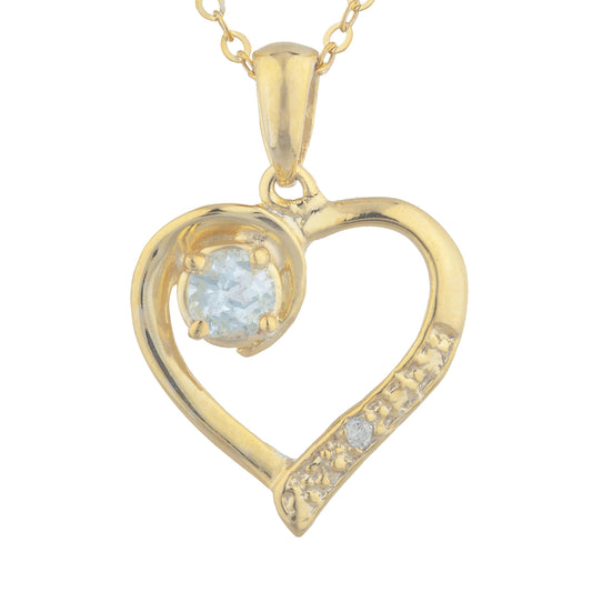 14Kt Yellow Gold Plated Genuine Aquamarine & Diamond Heart Pendant