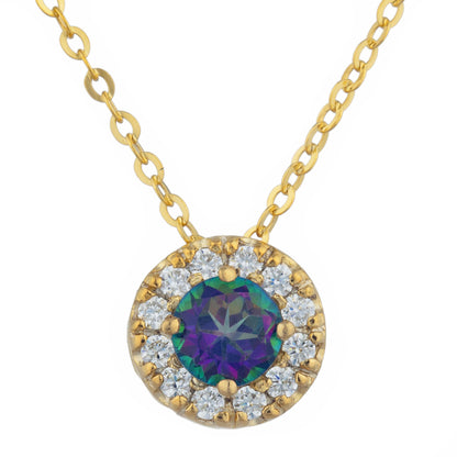 14Kt Gold 0.50 Ct Natural Mystic Topaz Halo Design Pendant Necklace