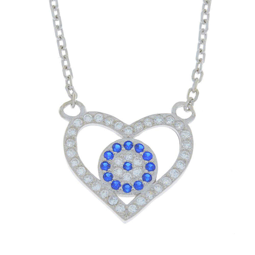 Evil Eye Blue & White CZ Heart Design Pendant .925 Sterling Silver