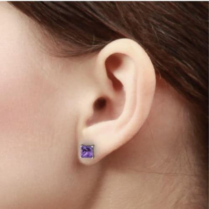 2 Ct Amethyst Princess Cut Stud Earrings .925 Sterling Silver