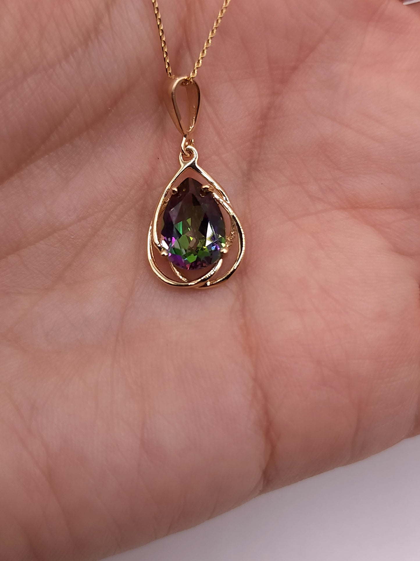 14Kt Gold 2 Ct Natural Mystic Topaz Pear Teardrop Design Pendant Necklace