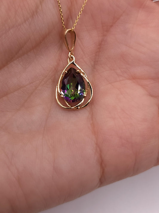 14Kt Gold 2 Ct Natural Mystic Topaz Pear Teardrop Design Pendant Necklace