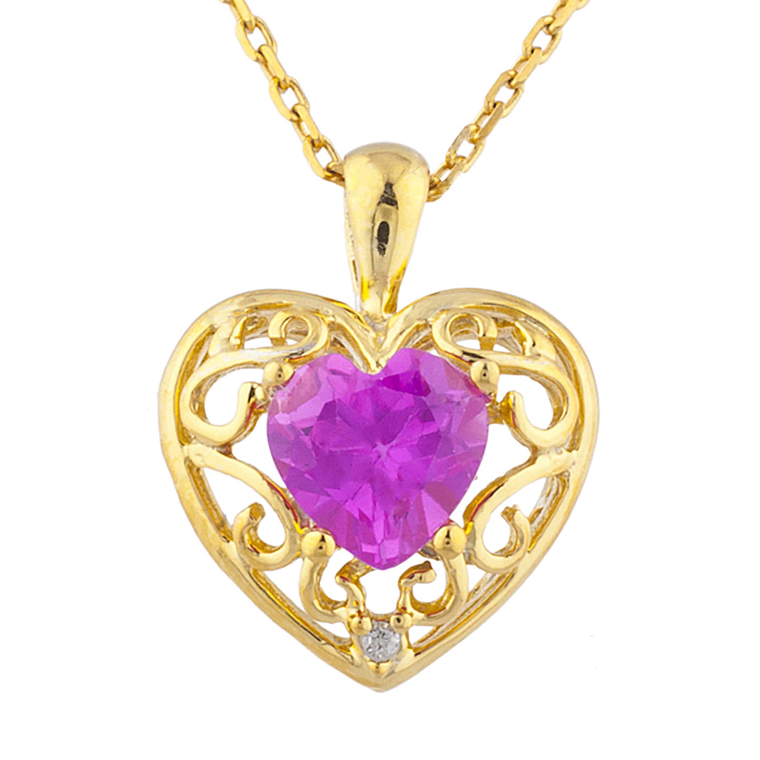14Kt Gold Pink Sapphire & Diamond Heart LOVE ENGRAVED Pendant Necklace