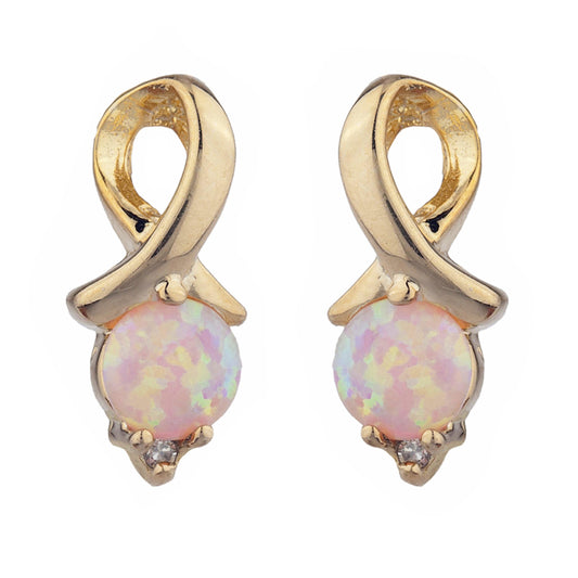 14Kt Gold Pink Opal & Diamond Round Design Stud Earrings