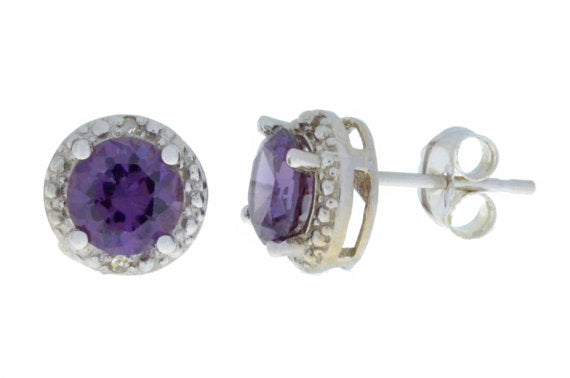 14Kt White Gold Alexandrite & Diamond Round Stud Earrings