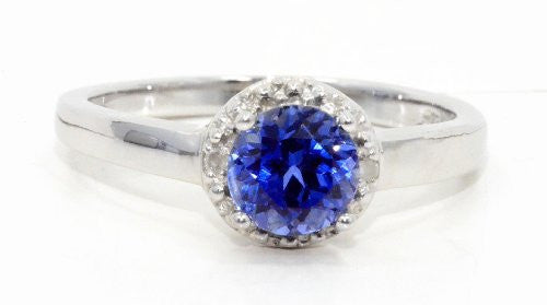 1 Ct Created Blue Sapphire & Diamond Round Ring .925 Sterling Silver Rhodium Finish