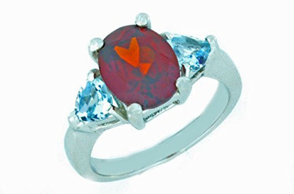 4 Ct Garnet Oval & Genuine Aquamarine Heart Ring .925 Sterling Silver Rhodium Finish