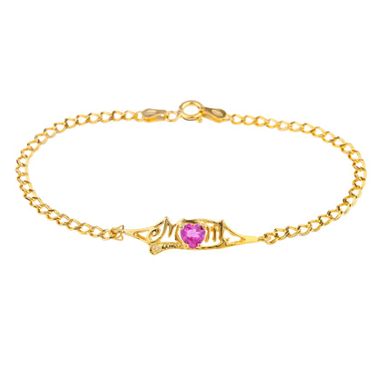 Pink Sapphire & Diamond Heart Mom Bracelet 14Kt Yellow Gold Plated Over .925 Sterling Silver