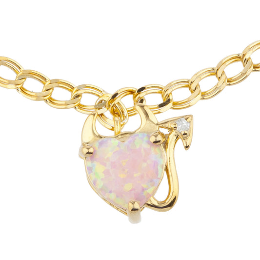 14Kt Yellow Gold Plated Pink Opal & Diamond Devil Heart Bracelet