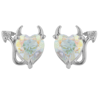 Natural Mercury Mist Mystic Topaz & Diamond Devil Heart Stud Earrings .925 Sterling Silver