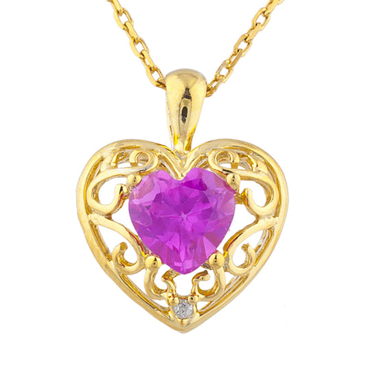 14Kt Yellow Gold Plated Pink Sapphire & Diamond Love Design Heart Pendant